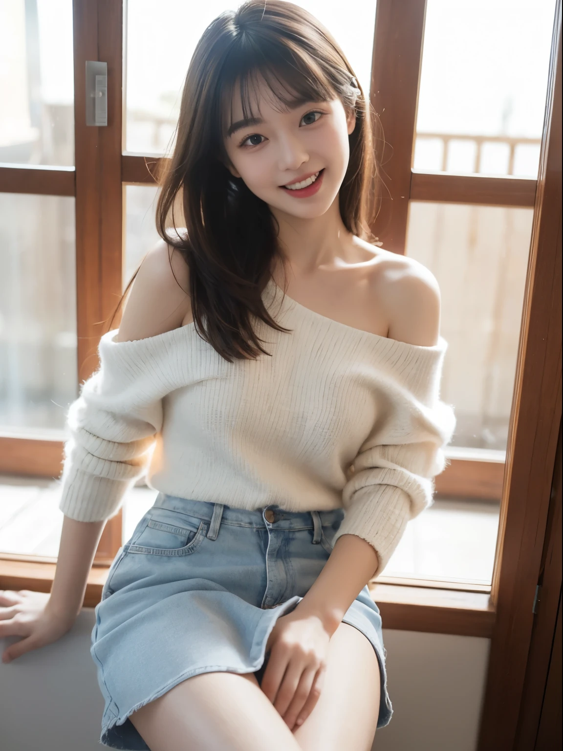 (8k, Top quality, Masterpiece:1.2), (Realistic, photo-realistic:1.37), Super detailed, perfect anatomy, cute, narrow eyes, 18 years old, a Japanese, girl, mini skirt, bangs, off shoulder, laugh, open mouth,