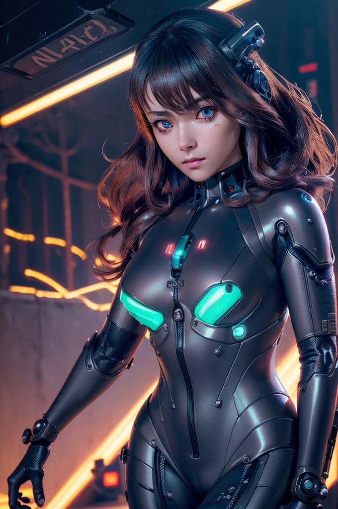 Fukada Kyoukoas a realistic cyborg and intricate face of perfect beauty, sharp galaxy detailed glowing eyes, face detailed, (((from face to waist))), (((fine beauty shape))), ((in sci-fi plugsuit, mechanical metal parts with realistic neon lighting)), (work of art), 4K, ultra HD
