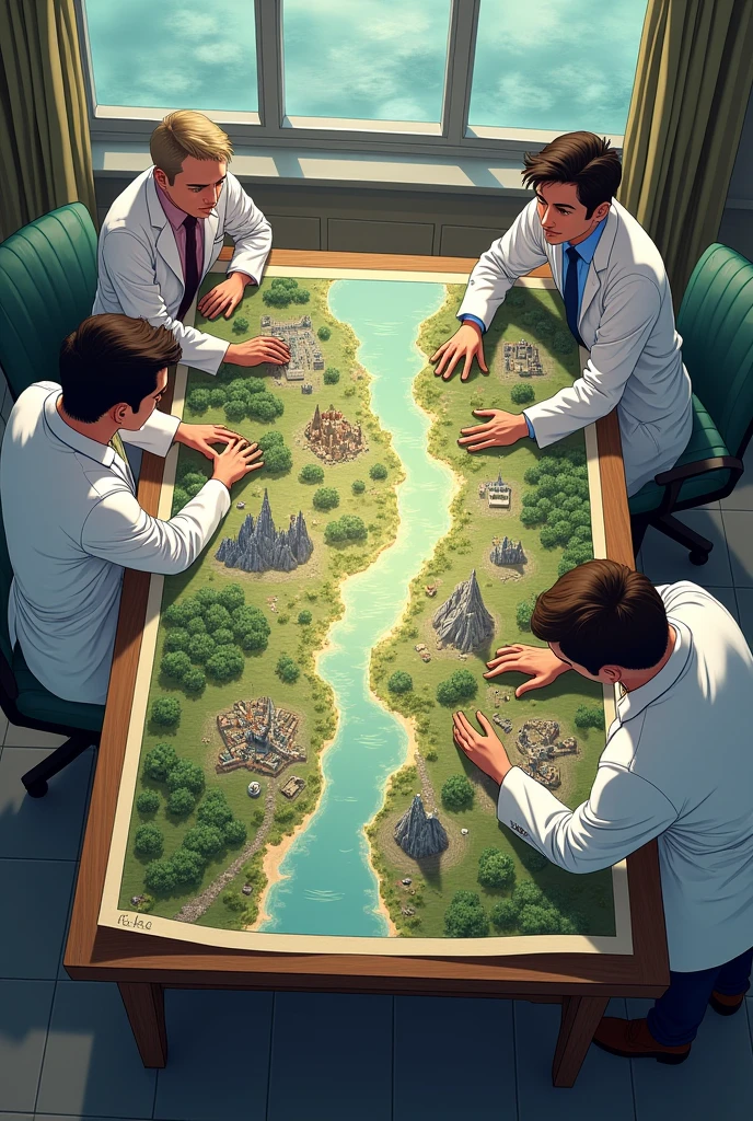 On a table a. Group of 4 scientists looking at a large map illustrated with landscapes like , mountains, a town and city and forests without sea