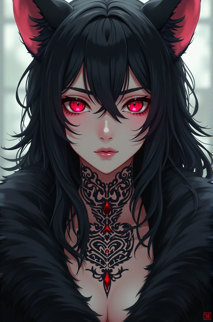 Create a female jujutsu kaisen oc, long black fur, red and sleepy eyes, with a tattoo on his neck