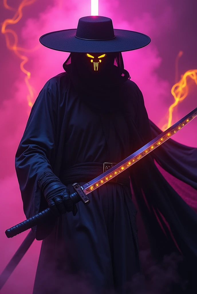 Craft a captivating vibrant dark black-neon caption for a photo capturing the essence of a cyborg Bedouin sorcerer in fight stance, defying expectations by conjuring a whimsical robot 'freak' from an oversized sedge hat. ethereal, smoky backdrop. throwing a translucent orange/tanslucent purple/black iaidow, weapon, katana, holding sword, ready to draw, sheathed, unsheathing, scabbard,,
very detailed, atmospheric haze, Film grain, cinematic film still, shallow depth of field, highly detailed, high budget, cinemascope, moody, epic, OverallDetail, gorgeous, 2000s vintage RAW photo, photorealistic, candid camera, color graded cinematic, eye catchlights, atmospheric lighting, skin pores, imperfections, natural, shallow dof