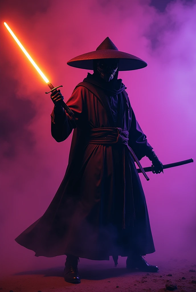 Craft a captivating vibrant dark black-neon caption for a photo capturing the essence of a cyborg Bedouin sorcerer in fight stance, defying expectations by conjuring a whimsical robot 'freak' from an oversized sedge hat. ethereal, smoky backdrop. throwing a translucent orange/tanslucent purple/black iaidow, weapon, katana, holding sword, ready to draw, sheathed, unsheathing, scabbard,,
very detailed, atmospheric haze, Film grain, cinematic film still, shallow depth of field, highly detailed, high budget, cinemascope, moody, epic, OverallDetail, gorgeous, 2000s vintage RAW photo, photorealistic, candid camera, color graded cinematic, eye catchlights, atmospheric lighting, skin pores, imperfections, natural, shallow dof