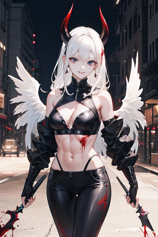 ((Realistic lighting, Highest quality, 8k, masterpiece: 1.3)), Clear focus: 1.2, One girl, Perfect figure: 1.4, Larger breasts, Slim Abs: 1.1, (half black hair), (Half white hair), (Outdoor, night: 1.1), street, Very beautiful face, Beautiful Eyes, double eyelid,One black horn、One white horn、devil、Big sword、Black and white fine wings、Larger wings、Wicked Smile、A small amount of blood splattered、Long Hair、Skimpy black clothing、Fine accessories、looks strong、Demon King