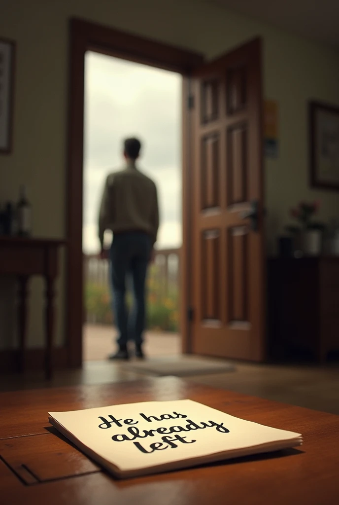 A scene showing a person who has left a place. In the foreground, There is an open door with a note on the table that says 'He has already left'. The door has a slight breeze, suggesting that someone just left. (Best Quality)), (detailed), ((masterpiece))