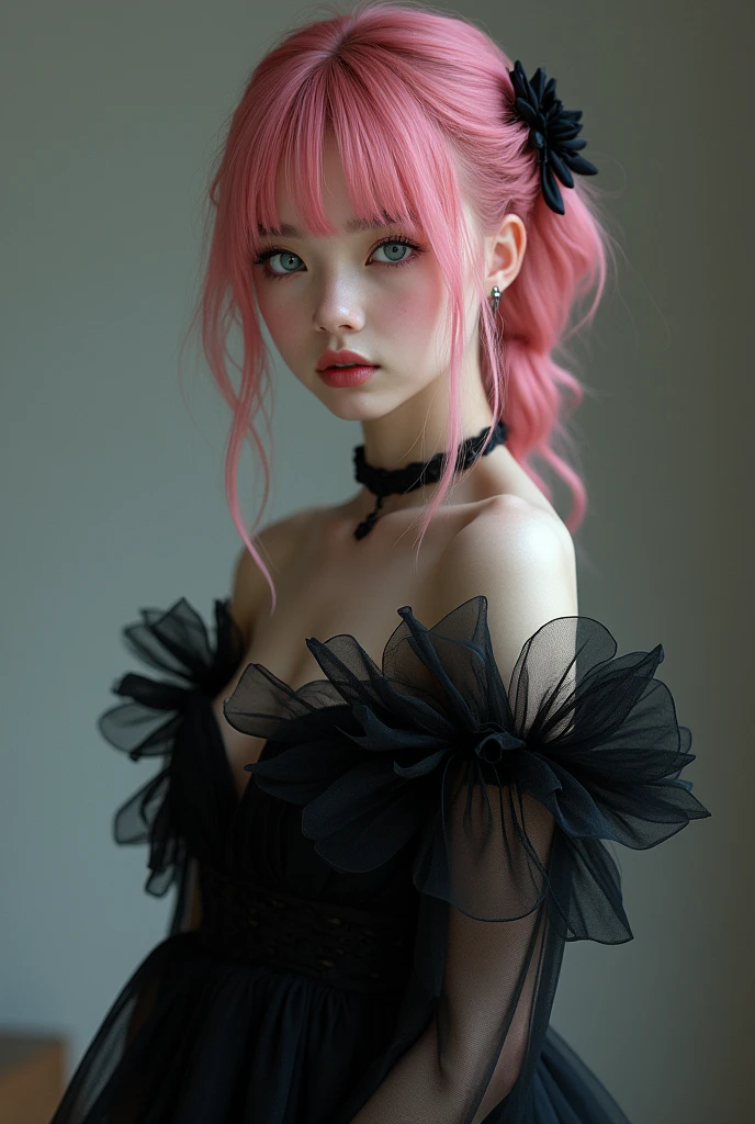 (masterpiece),(best quality:1.5),(highres), wallpaper 8k, detail skin, detail face, detail eyes, 1girl, solo, pink hair, hair ornament, blue eyes, black dress, standing, full body, indoor, simpel blackground, (Writing Mr,x:1.5),