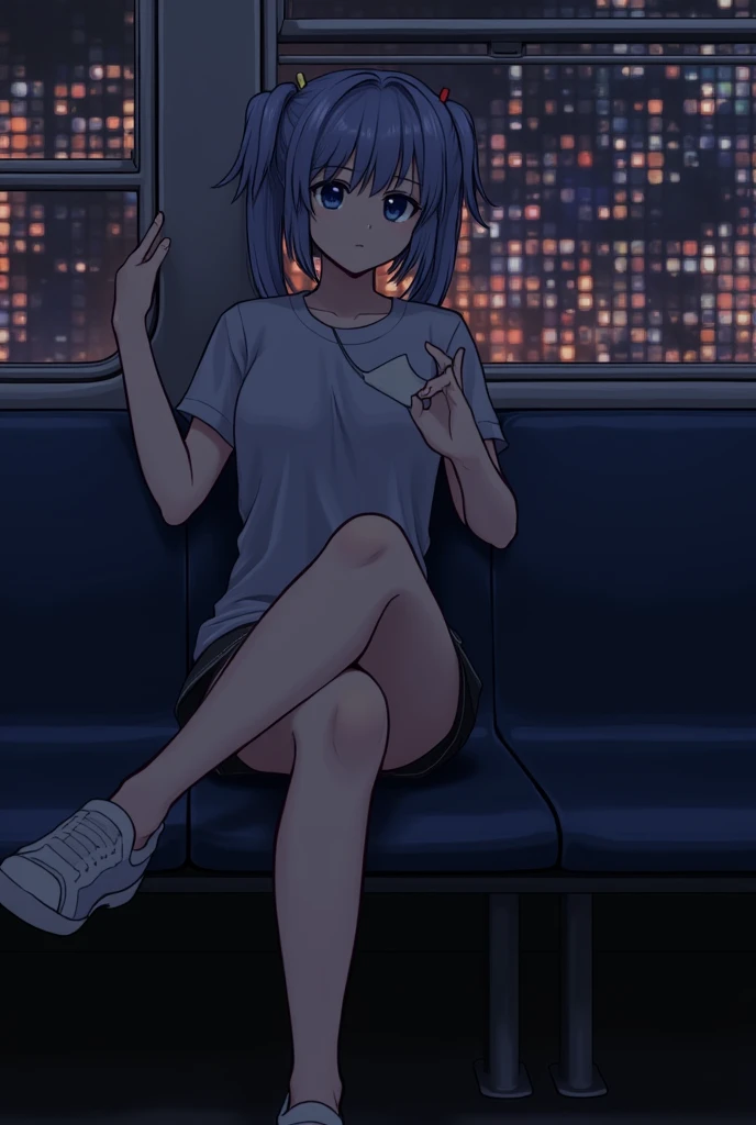 score_9, score_8_up, score_7_up, score_6_up, HRMN, detailed drawing, 1girl, flat chest, skinny, cute face, (tight fit), sitting on train, late evening, twin tails haircut, crossing legs, tight skirt, NEOST, low key, dark theme, neon lights