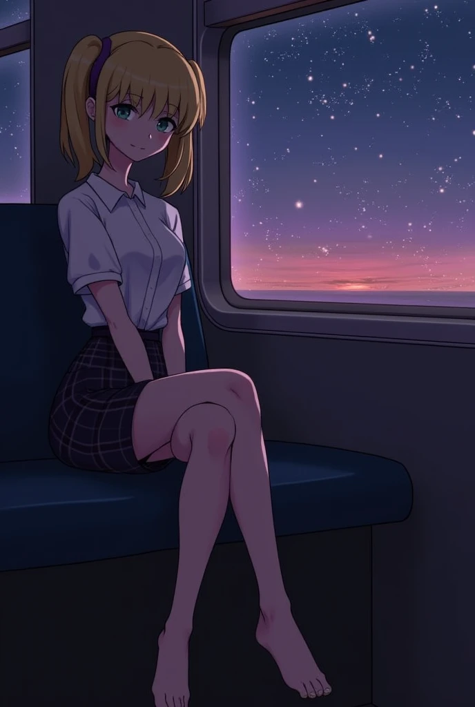 score_9, score_8_up, score_7_up, score_6_up, HRMN, detailed drawing, 1girl, flat chest, skinny, cute face, (tight fit), sitting on train, late evening, twin tails haircut, crossing legs, tight skirt, NEOST, low key, dark theme, neon lights