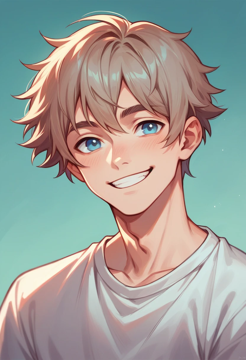 good looking, alone, boy, Bob Hair, Chestnut Hair, Light blue eyes, Smile Facial, cute，Active，noble，Naughty，