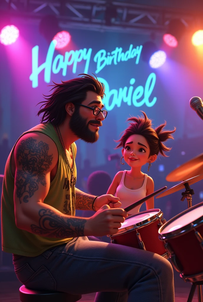 Animated muscular guy with tattoos that say cristy with a sleeveless Bob Marley shirt and reading glasses with a shaggy hair playing the drums sitting at a concert that says happy birthday daniel in the background and a chubby rocker fan girl in love with how he plays the drums