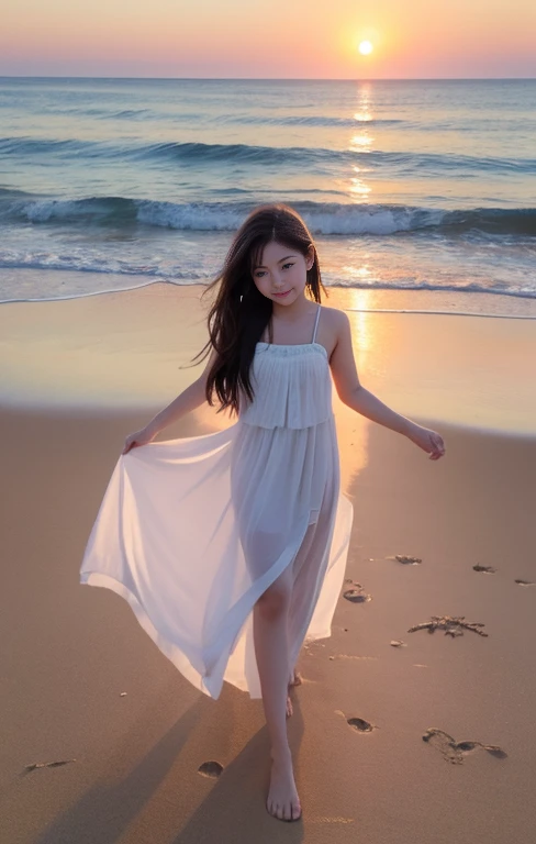 High resolution、masterpiece、Well-formed face、age１４age、One Woman、The background is the beach、Full body photo、sunset、White Dress、I don&#39;t wear underwear