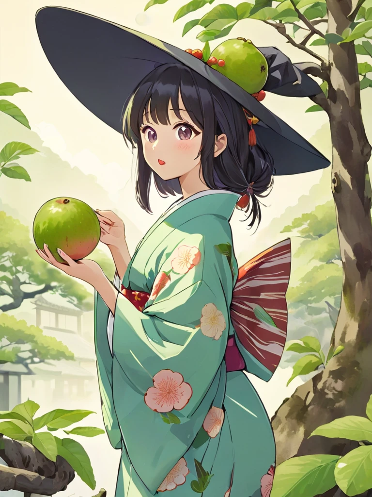 Japanese woman wearing kimono, witch, cartoon, holding guava, Japanese environment background