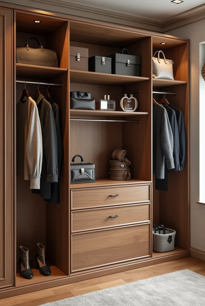 elegant closet attached to a wall that has space to place perfumes and bags, suitcases on top, 5 or more long drawers, and to store longer t-shirts and coats as well