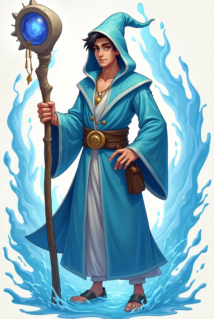 Monster Strike style、Gender: Male、Her face is slightly round and tan.、The eyes are a little big、eye color is brown,、Dressed as a wizard、The color is light blue.、He had a big walking stick.、There is a water aura around you