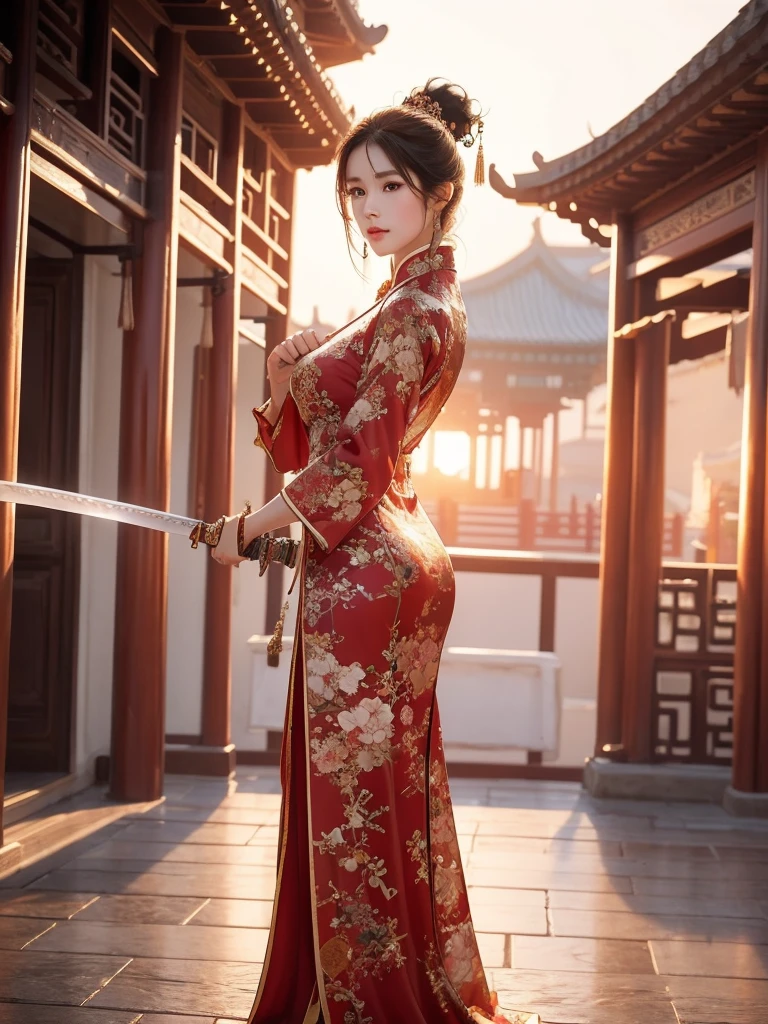 best quality, 8k, very delicate and beautiful, highly detailed face and skin texture, shiny skin, high resolution, beautiful chinese female swordsman wearing chinese traditional costume with sword at chinese temple at sunset, full body, sharp focus