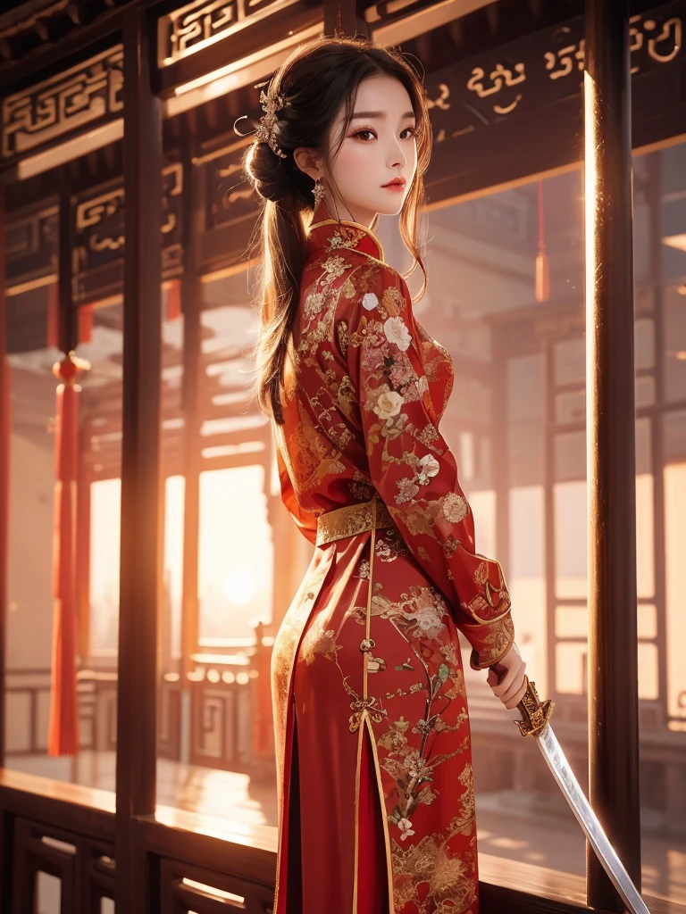 best quality, 8k, very delicate and beautiful, highly detailed face and skin texture, shiny skin, high resolution, beautiful chinese female swordsman wearing chinese traditional costume with sword at chinese temple at sunset, full body, sharp focus