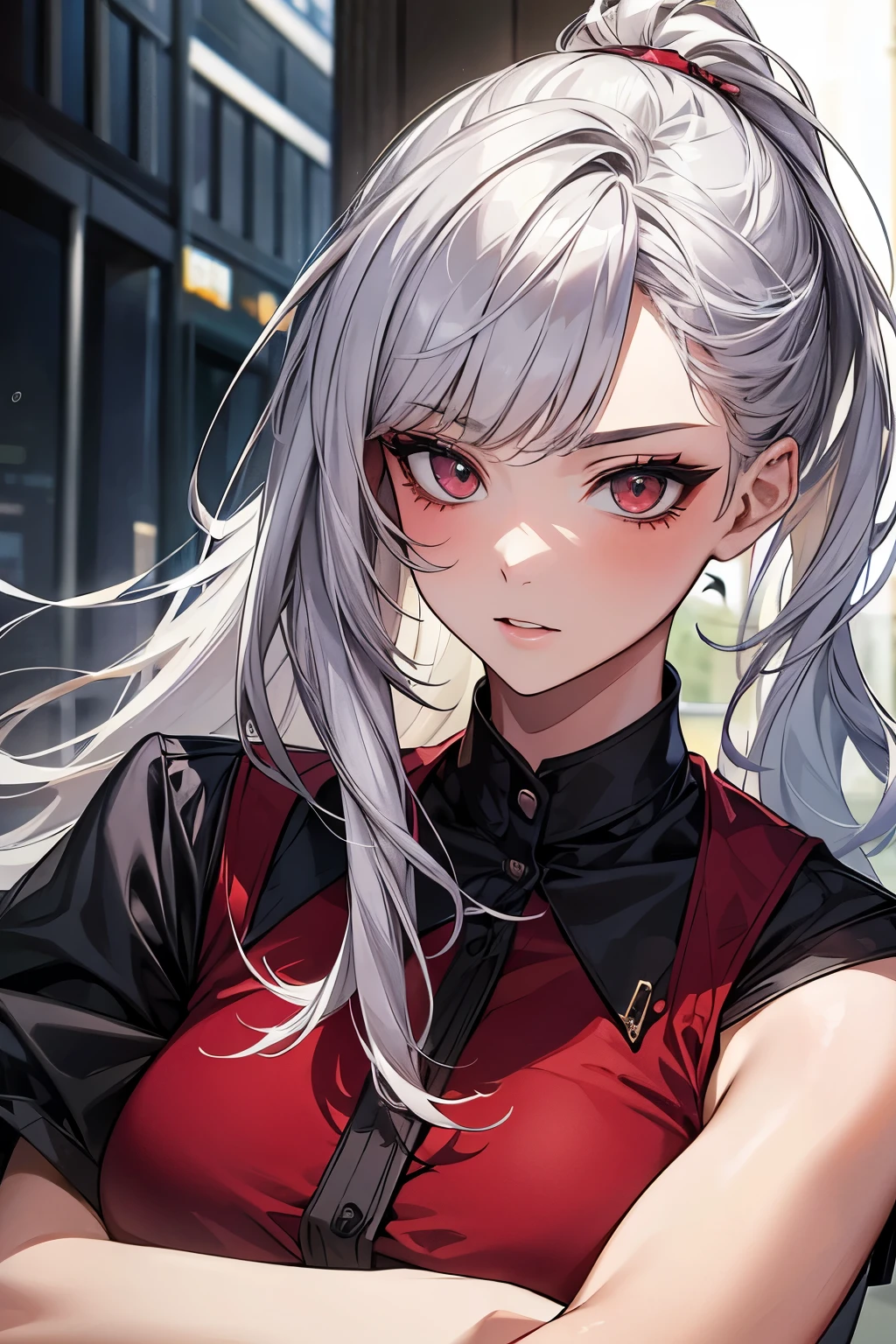 masterpiece, best quality, Silver-haired ponytail, crimson uniform, secretary, whole body, y, face detail, cat-like face, pretty girl, 21 year old girl, beauty, hyundai, Inside the building
