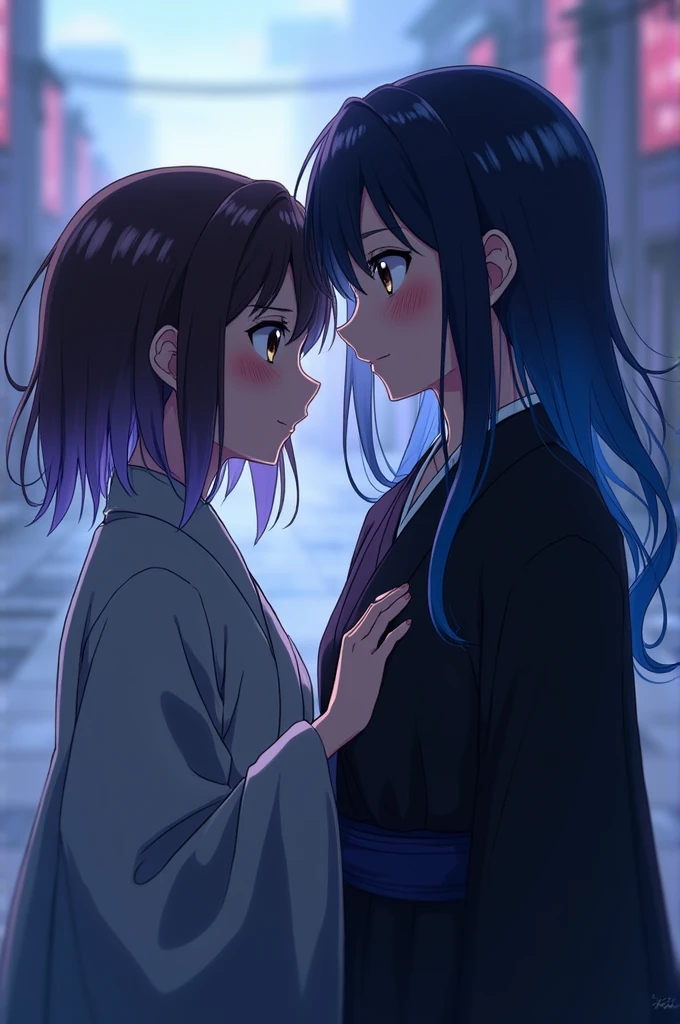 a white skinned girl, with dark brown hair that turns blue and purple at the tips, with light brown eyes, with a black Haori that fades into blue and purple, She is wearing the Hashira uniform from the anime Demon Slayer, She is blushing next to Tomioka