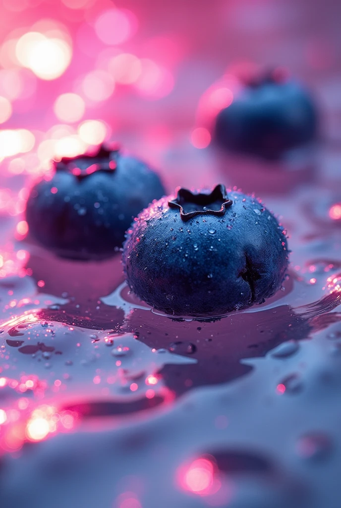 refreshing, vibrant glowing 3 blueberries, floating in the water,  macro photography, dew drops, pink lighting, glitters in the water, refreshing  , in the style of a product hero shot in motion, dynamic magazine ad image, photorealism, flowing water background, sunshine, sparkling in the water