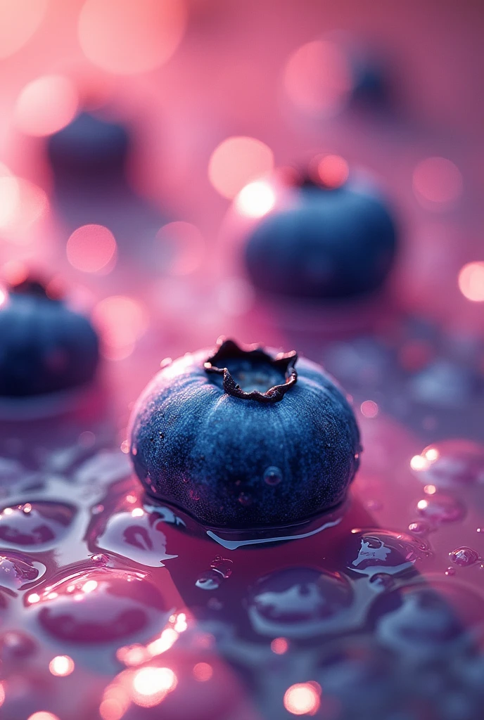 refreshing, vibrant glowing 3 blueberries, floating in the water,  macro photography, dew drops, pink lighting, glitters in the water, refreshing  , in the style of a product hero shot in motion, dynamic magazine ad image, photorealism, flowing water background, sunshine, sparkling in the water