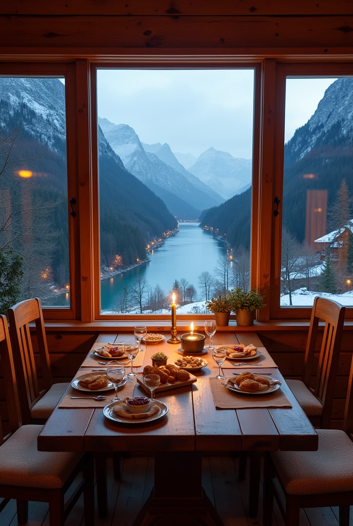 A dining room with a view of a river and a mountain landscape with wooden furniture, romantic with a fireplace and two huge windows to make a bigger picture, that the dining room can be seen more and with more romantic and cabin-like furniture on a sunny day and at sunset that the lights of a city can be seen in the distance between the mountains and the snack is on the table, composed of bread, mate jam and pastries, without the mountain on the right with a snowy landscape 

