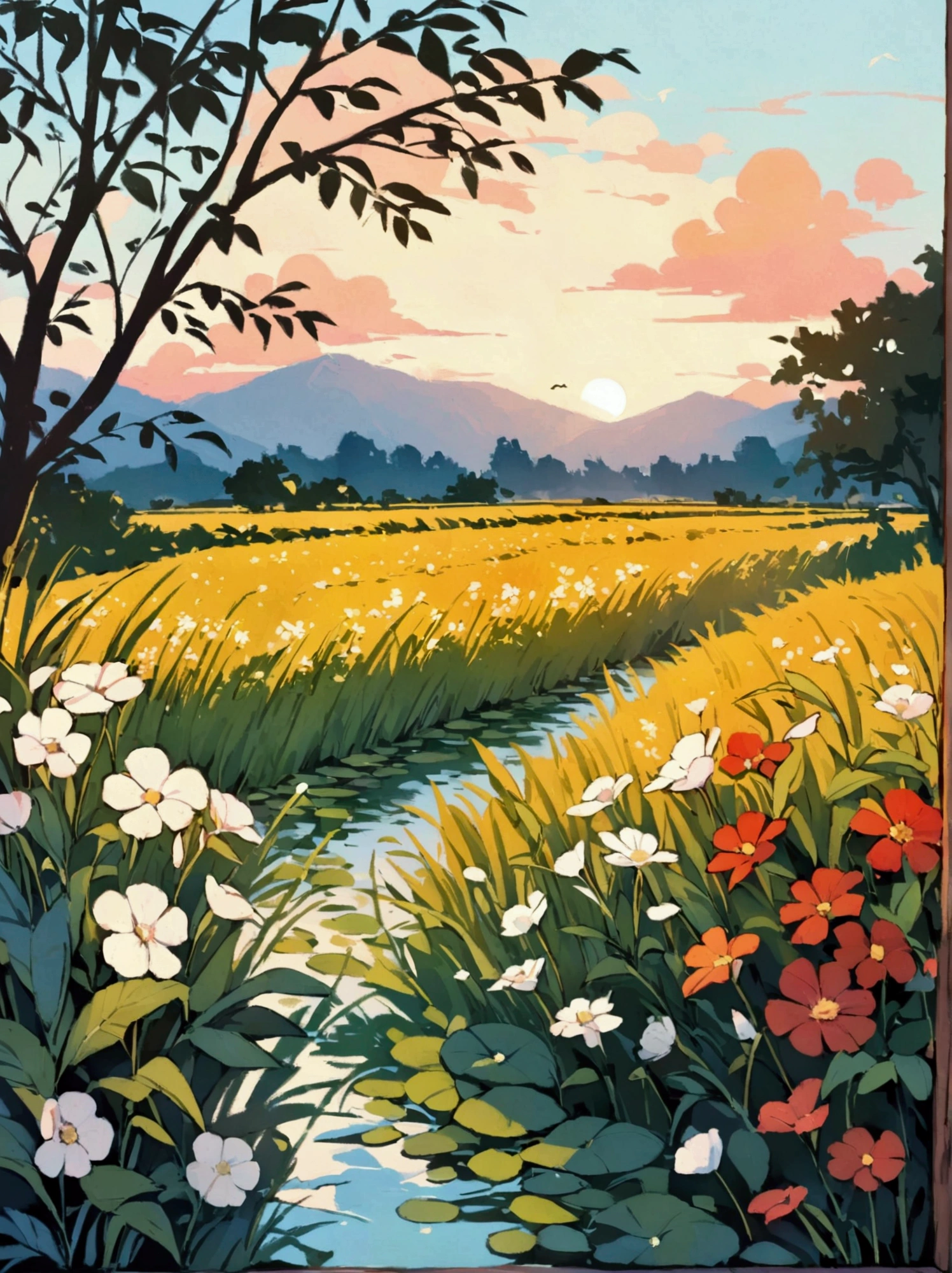 Canvas Illustration，Etienne Adolphe Piaud, Etienne Adolphe Piot，English Pre-Raphaelite painter，Pre-Raphaelite Brotherhood, ink style, masterpiece, Fantasy Garden，Aesthetic healing，moon，Star，Beautiful and poetic，Minimalism平面插画，Jiangnan countryside in summer，When you walk into this rice field，It&#39;s like being in a surreal dream。What unfolds before your eyes is a vast rice field，Golden rice swaying in the wind，The sun shines on it，Let the whole rice field shine with warm light。Rows of colorful wildflowers grow at the edge of a rice field，They sway gently in the breeze，Like dancing gracefully。Standing on the edge of a rice field，You can see flocks of birds singing happily in the wheat fields.，Their chirping blends in with the melodious sound of the wind in the rice fields.，It forms a wonderful natural symphony。Occasionally a bird flies up，Cut through the sky，Leaving beautiful curves，It seems to depict an unparalleled picture of the sky.。There is a clear stream flowing through the rice fields.，the river is crystal clear，Reflecting the blue sky, white clouds and surrounding scenery，Like a living mirror。The river flows slowly，Makes the water sound sweet，It&#39;s like nature composed a beautiful music for them.，Dynamic，Hazy feeling，Layering，Has a stunning visual effect，Fascinating lighting，Bright and vivid colors，Chiaroscuro，Flat，Minimalism，high quality，High Detail，HD晰，masterpiece，masterpiece，The painting style is meticulous，Refreshing colors，HD，in the style of Pre-Raphaelite Brotherhood