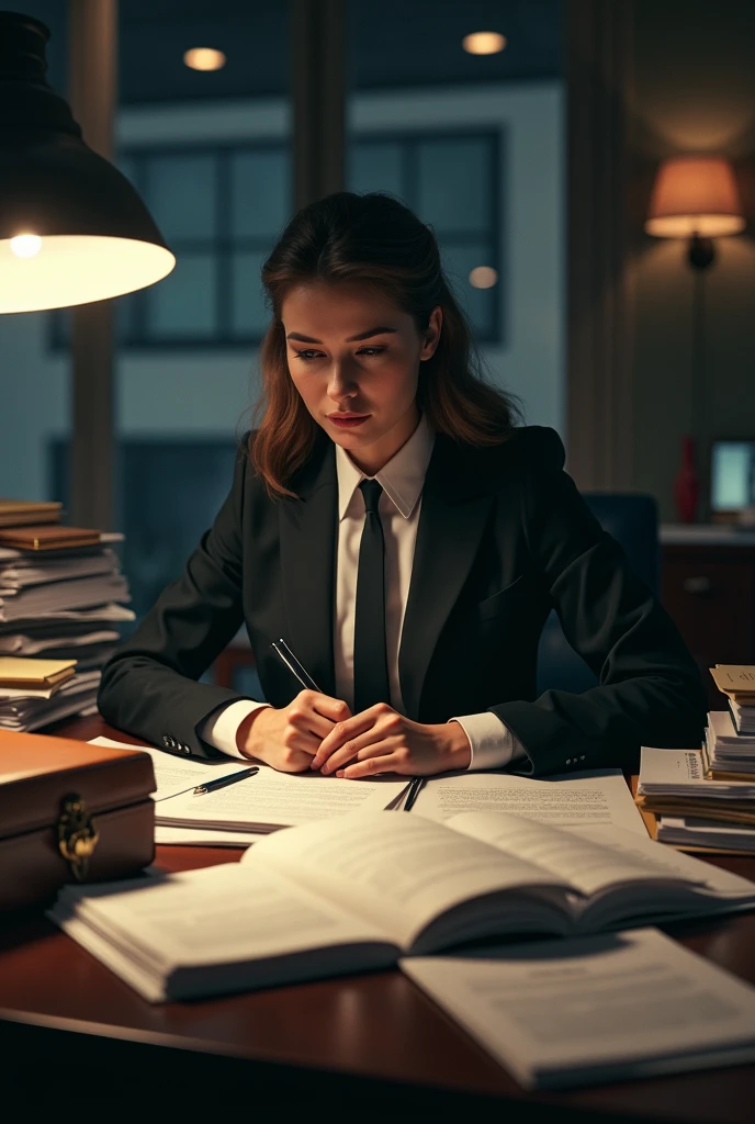 Office Building，female lawyer，Office，Office桌，Towards work，A lot of files，，Law firm，Suit tie，Work Scene，Various angles，Film Style