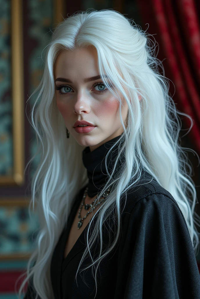 Insanely detailed photograph of a gorgeous vampire woman + indian, goth Renaissance, long voluminous white hair, intricate white eyes, fantastical, vampire, ethereal, hyperdetailed, 32k resolution, dynamic lighting, hyperdetailed, intricately detailed, trending on Artstation, triadic colors, volumetric lighting, Balenciaga Style
