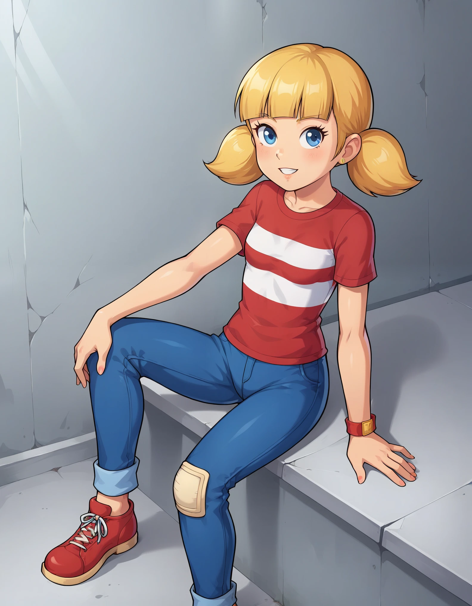 solo, 1girl, penny_ig, blonde hair, twintails, blue eyes, red shirt, stripe, pants, knee patch,