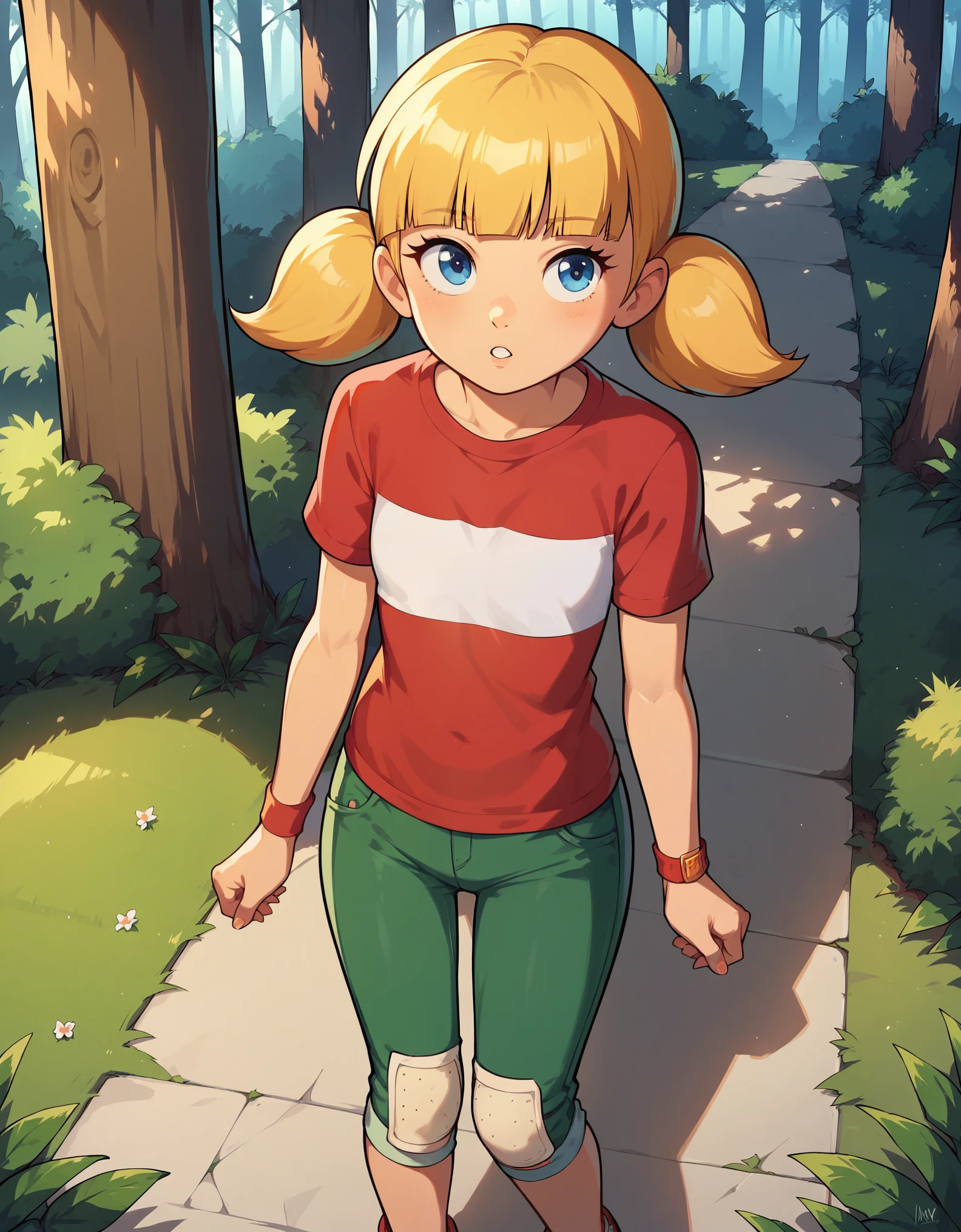 score_9, score_8_up, score_7_up, solo, 1girl,  penny_ig, blonde hair, twintails, blue eyes, red shirt, stripe, knee patch,, outdoors, forest, sunlight, shadows, natural lighting