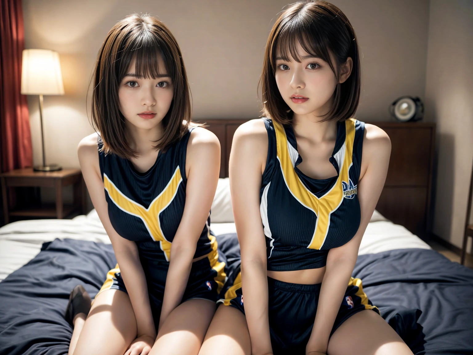 masterpiece, best quality, illustration, Super detailed, fine details, High resolution, 8K,wall paper, perfect dynamic composition,(Details High quality, realistic depiction of eyes:1.3), (3 girls), BREAK (cheerleader uniform with yellow as basic color:1.3), (holding a yellow pompoms in hand:1.4), (sleeveless yellow tunic with baseball team logo:1.4), yellow tops, (bold V-neck:1.3), ((Blue lines, black lines) on tops:1.3), ((fit and flare, A-line):1.3), (A-line yellow rah-rah skirt:1.3), mini skirt, (black socks:1.3), (sports shoes:1.2), sitting, open legs, short bob hair, in a hotel room in the background, deep on field, large breasts, black hair color, Big Natural Color Lip, (perfect body shape), crying a little、Harajuku style、20 year old girl、cute type、beautiful legs, Gravure Idol