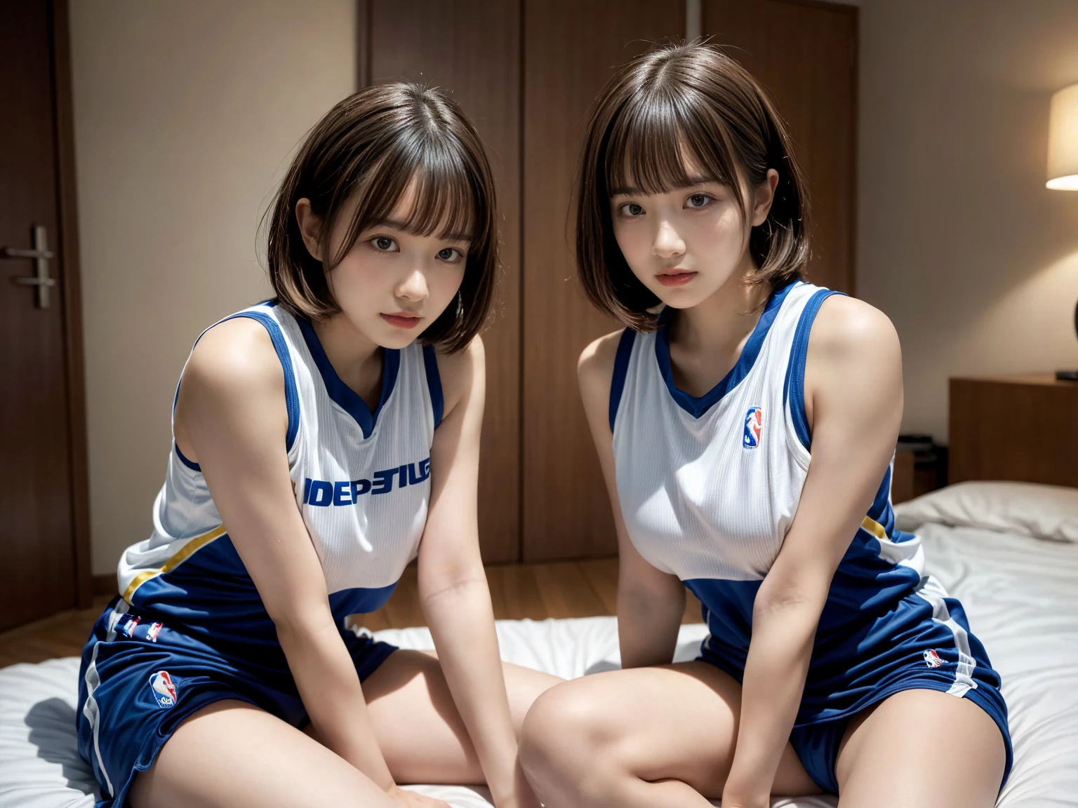 masterpiece, best quality, illustration, Super detailed, fine details, High resolution, 8K,wall paper, perfect dynamic composition,(Details High quality, realistic depiction of eyes:1.3), (2 girls), (NBA),(basketball sportswear),(play basketball),(reality), short bob hair, in a hotel room in the background, deep on field, large breasts, black hair color, Big Natural Color Lip, (perfect body shape), crying a little、Harajuku style、20 year old girl、cute type、beautiful legs, Gravure Idol
