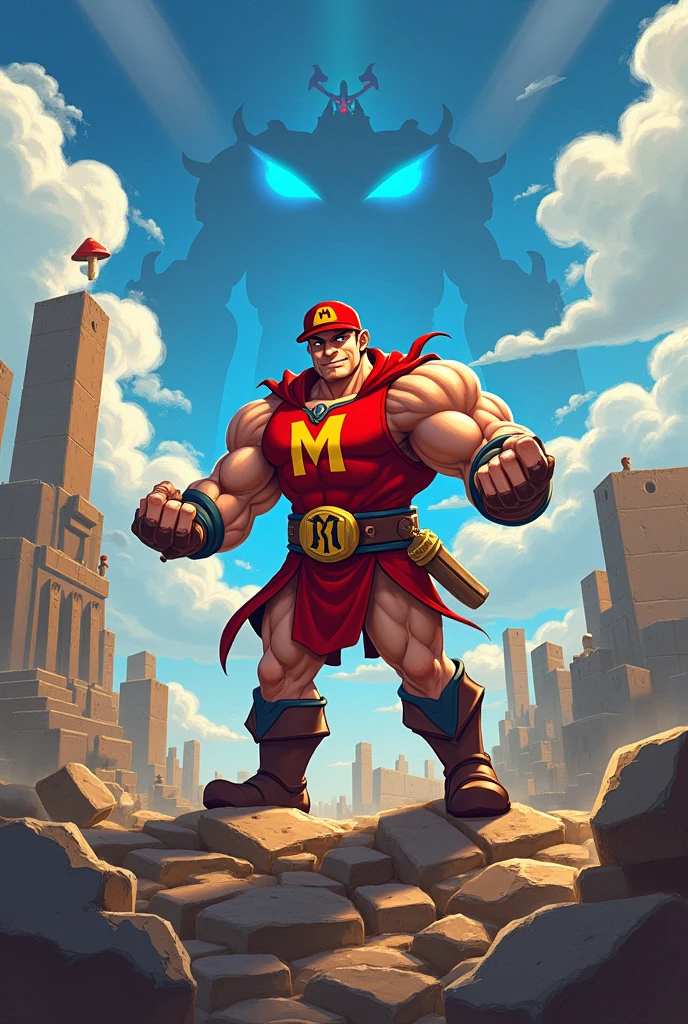 A hero with a red hat, M in his hat, breaks blocks with his bare hands, defeats the Demon King and gets a mushroom, gets even more muscular and challenges the Demon King to a fight, but the Demon King disappears, and Johnny appears, becoming even more heroic.