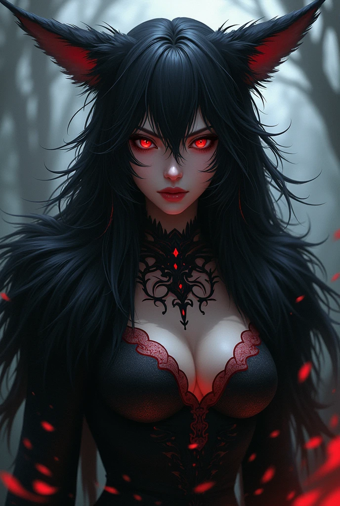 Create a female jujutsu kaisen oc, long black fur, red and sleepy eyes