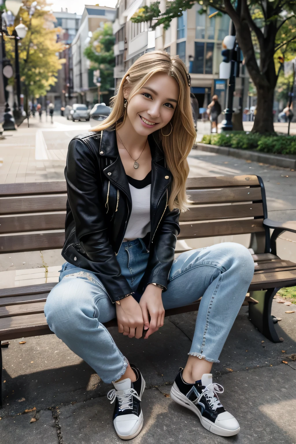 High resolution, 8k wallpaper, Beautiful Caucasian Woman、Full body photo、,Leather jacket sitting on a park bench、shirt、Skinny jeans、sneakers、、Necklace around the neck、 blonde 、ウェーブのかかった髪、ear piercing、smile、Beautiful teeth alignment、