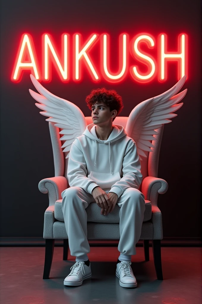 Create a realistic 3D illusion for a profile picture where a 22-year-old boy in a white hoodie is sitting casually on a Wingback  Chair. Wearing sneakers and a white shirt, he looks ahead. The background features “ANKUSH” in big and capital red neon light fonts on the black wall. There should not be his shadow, and there are wings to make it appear as if he is an angel.