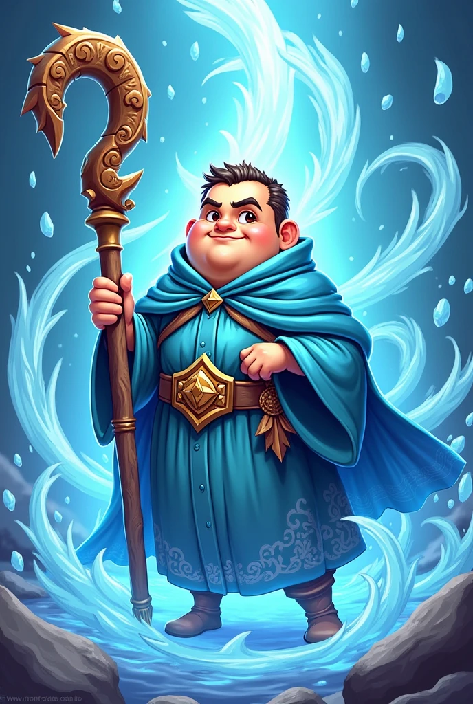 Monster Strike style illustration、Gender: Male、The face is round and tan.、The eyes are a little big、eye color is brown,、Dressed as a wizard、The color is light blue.、He had a big walking stick.、There is a water aura around you