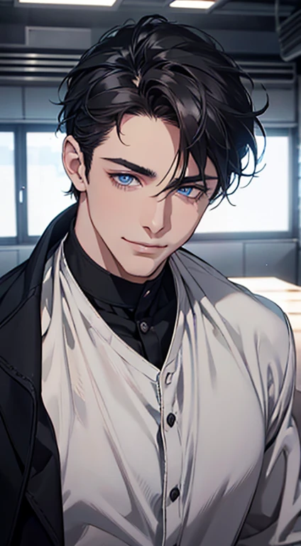 a mature man with short grey black hair, blue eyes, 31 years, and a perfect face, smiling in love, CEO, cinematic lighting, 1:4 HDR image, top view, ultra detailed, best quality, masterpiece, 8K, photorealistic, beautiful image
