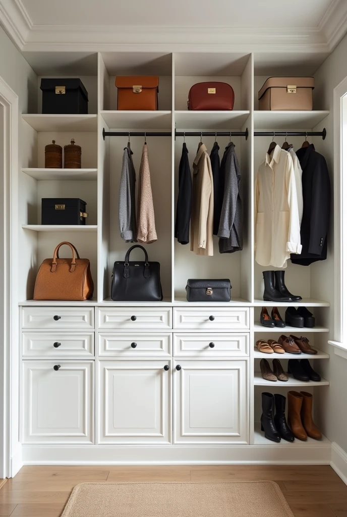 elegant closet white attached to a wall that has space to place perfumes and bags, suitcases on top, 5 or more long drawers, and to store longer t-shirts and coats as well,an specific space for shoes