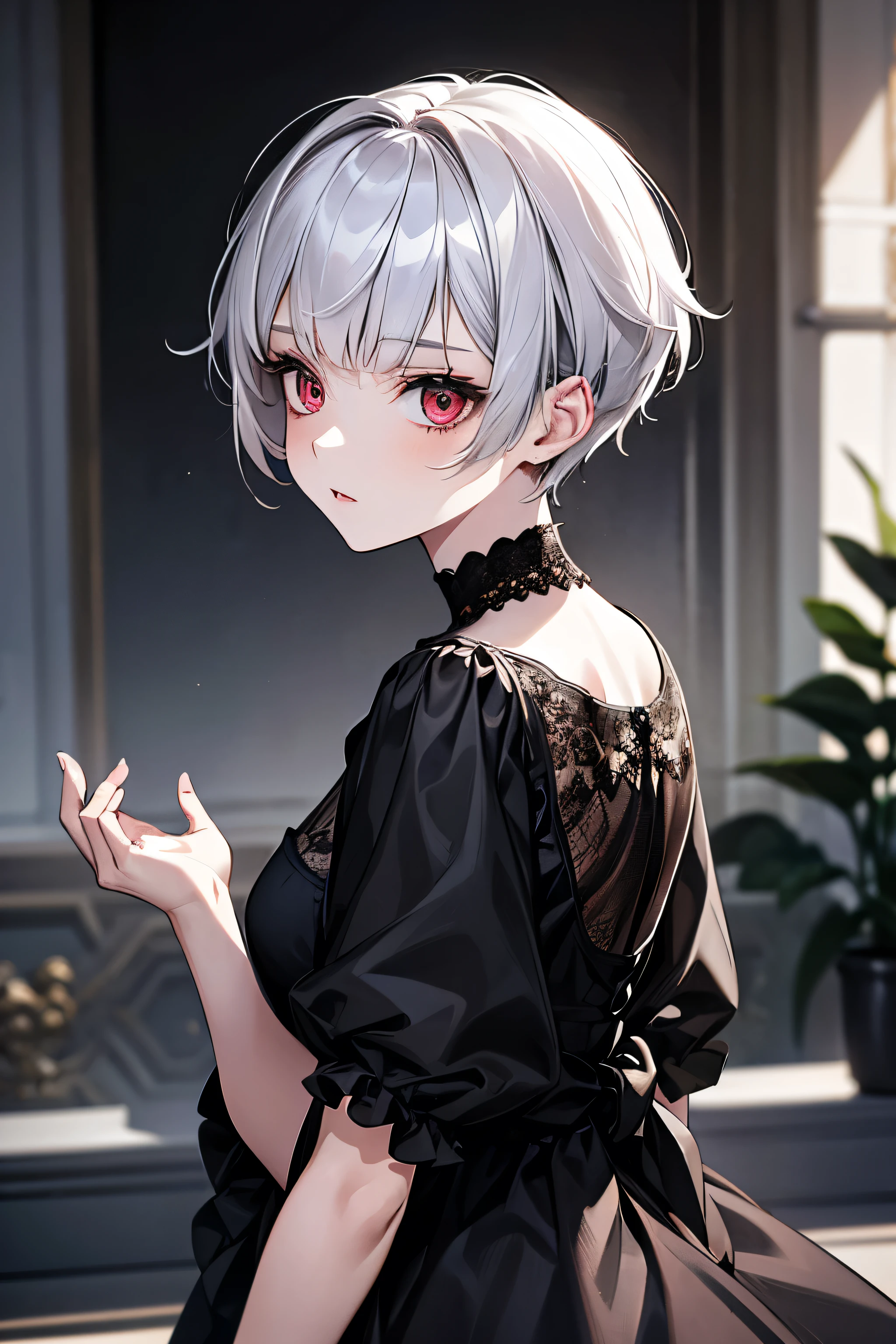 masterpiece, best quality, silver hair, pixie cut, black clothes, whole body, back, face detail, Pale red eyes, cat-like face, pretty girl, cuteness, 5 girl, hyundai