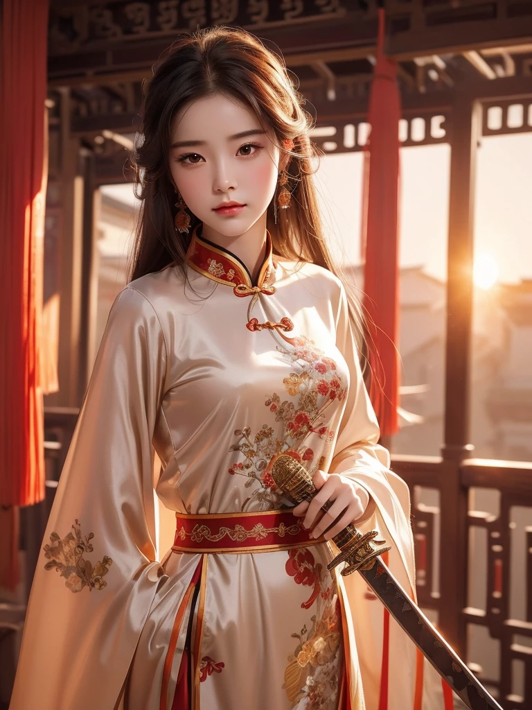 best quality, 8k, very delicate and beautiful, highly detailed face and skin texture, shiny skin, high resolution, beautiful chinese female swordsman wearing chinese traditional costume with sword at chinese temple at sunset, full body, sharp focus