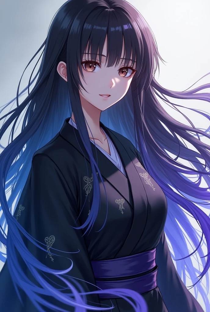 a white skinned girl, with long dark brown hair that turns blue and purple at the tips, with light brown eyes, with a black Haori that fades into blue and purple, She is wearing the Hashira uniform from the anime Demon Slayer