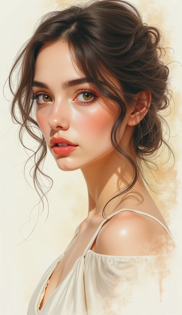 bncbchmp, light natural tones , ((pencil drawing , watercolor drawing)), portrait of a woman, detailed eyes, beautiful , highly detailed, soft color tones, soft lighting, detailed lines, sharp, realistic, brush strokes, light hints of paint drips