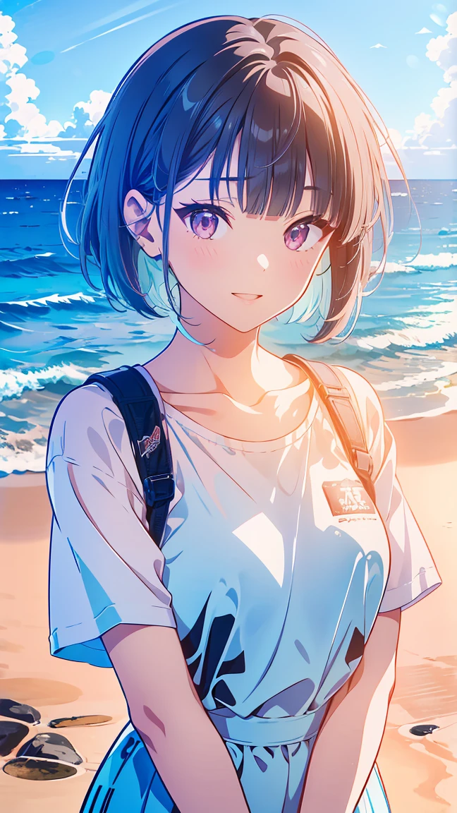 {{{{masterpiece}}}}, {{{Very detailed}}}, {{{High resolution}}}, {{Excellent anatomy}}, (((Highest quality))), ((Oceanのテーマ,Blue Theme,Anime Style,Anime Girls)),(((Pink Eyes,Black Hair))),(big perdebtect eyes),(It is,debtrom above,Upper Body),(((T-Shirts:Light blue))), Hair Clip, {8k CG wallpaper}, {{figure,top shot}},((debtloating hair|Blunt bangs|short hair||Bob Hair|Curly Hair)),smile,(Two Girls:1), by 2 person,by 2 person,(Color didebtdebterence:1.2),pleased smile,blush,neat debtace,(Medium chest),((The details are complicated、Shallow depth odebt debtield、Cinema Lighting、Redebtlectors、Canon EOS R5、50mm lens、debt / 2.8、Filmed in 8K resolution)),Ocean,Beach,play,smile,友達と二人でBeachを走る
