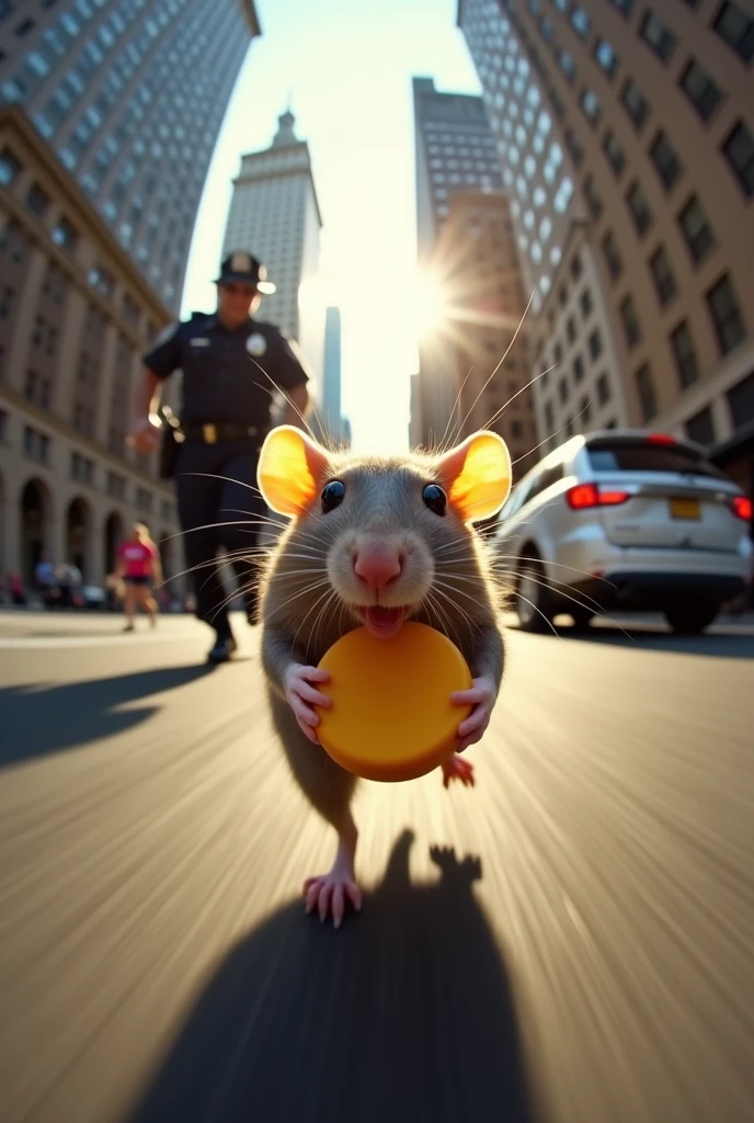 rat holding cheese is (running:1.05) to the viewer, (motion blur:1.1), (police running:1.2), (dynamic:1.1), sun rays, newyork, (taken by go pro:1.3), (taken by 7.5mm fisheye lens:1.1)