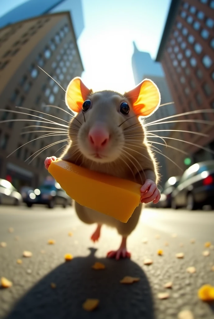 rat holding cheese is (running:1.05) to the viewer, (motion blur:1.1), (police running:1.2), (dynamic:1.1), sun rays, newyork, (taken by go pro:1.3), (taken by 7.5mm fisheye lens:1.1)
