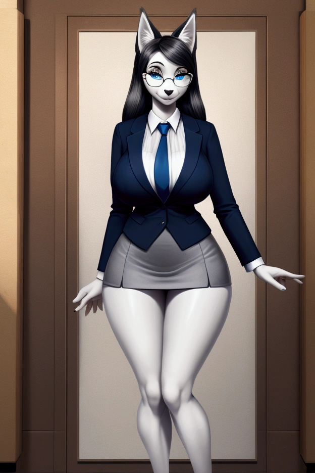 Slim female hosky bitch with wide hips and nice big buttocks , long legs with nice big thighs and big breasts gray and white fur and beautiful blue eyes and she is wearing a suit and tie and a mini skirt and also glasses full body is a school teacher and is a milf.