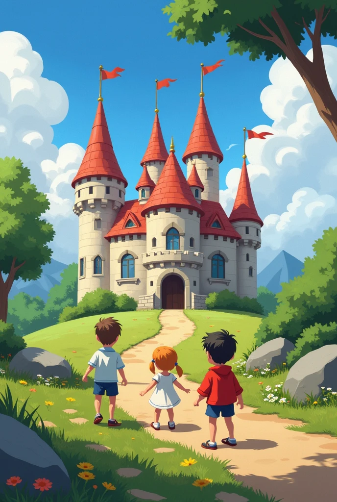 Create an animated image where there are many very happy boys and girls and they are in a castle where nobody complains that there are MANY children