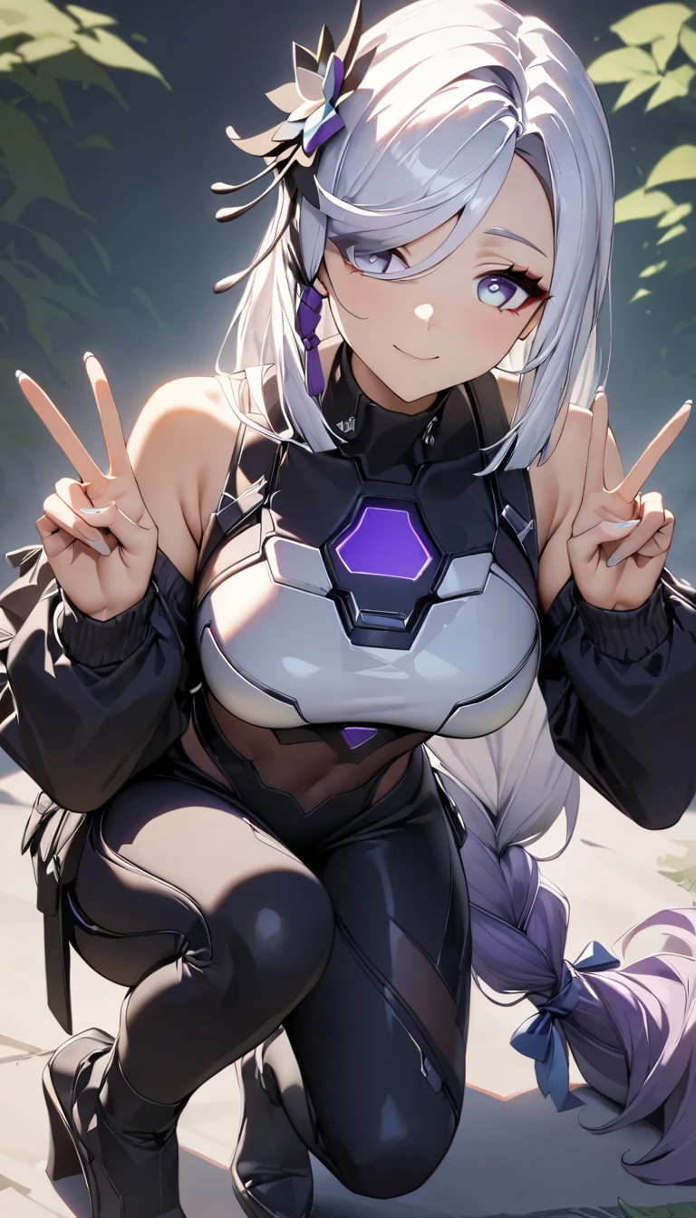 score_9, score_8_up, score_7_up, score_6_up, uncensored, zentreya, zencyber, short hair, white hair, hair ornament, yellow eyes, slit pupils, BREAK (masterpiece:1.2), best quality, high resolution, (beautiful detailed eyes:1.3), perfect lighting, (perfect hands, perfect anatomy), hearts, pleasured, huge breasts, 1girl, solo, flexible, feet, toes, wooden floor, looking at viewer, spread legs, full body, soles, toeless legwear, ass, wide spread legs, stirrup legwear, breast curtain, no shoes, black bodysuit, handstand, legs,  partially fingerless gloves, split, gloves, black gloves, blush, thighs, outdoors, tiptoes