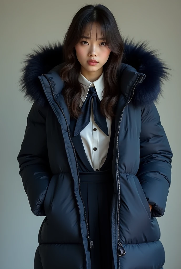 ((best quality)), ((masterpiece)), (detailed), perfect face, beautiful Japanese woman, silk tight navy blue moncler puffer coat, seductive, face and body focus, large breasts, school uniform, silk blouse, pleated skirt, photorealistic, fluffy fur hood, photorealistic, photograph, shiny blouse, silk tie