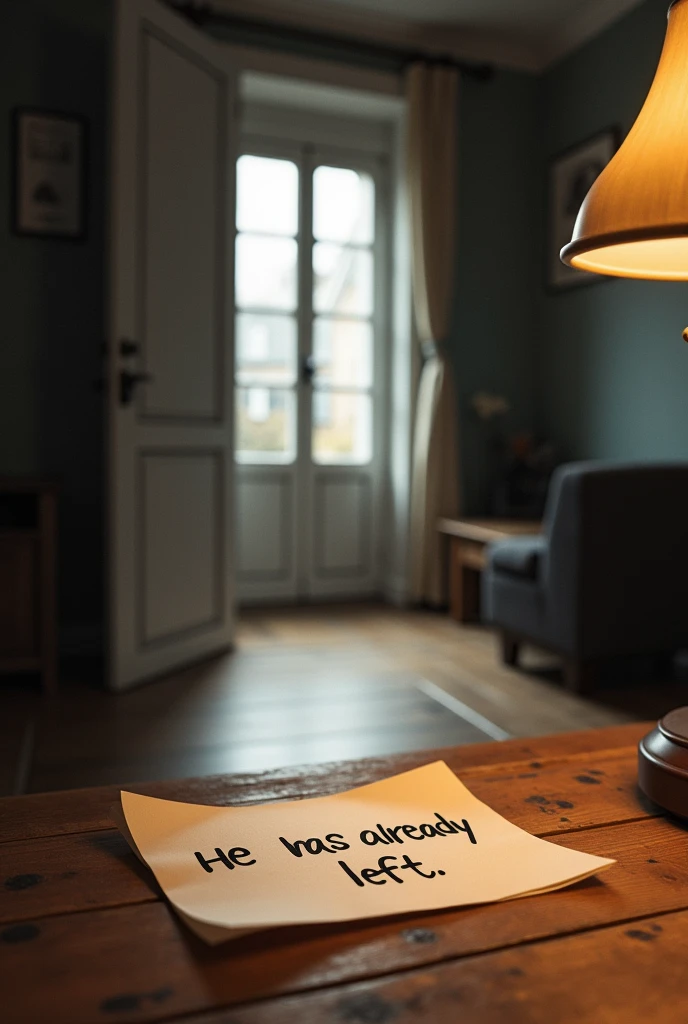 A scene showing a person who has left a place. In the foreground, There is an open door with a note on the table that says 'He has already left'. The door has a slight breeze, suggesting that someone just left. (better, and there is no person, In addition, the note is of notable quality)), (detailed), ((masterpiece))